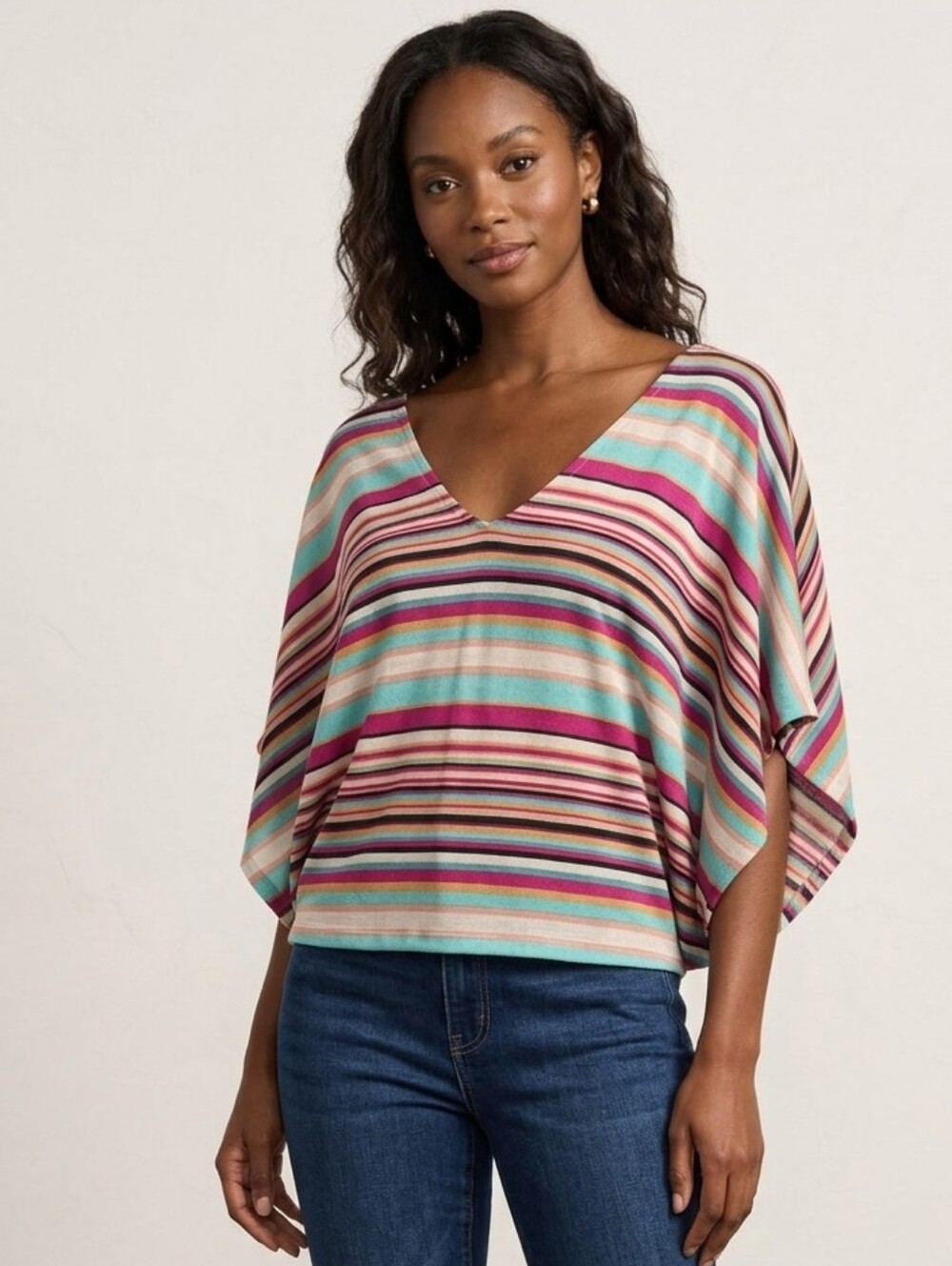American Rag Boho Multicolor Serape Stripe V-Neck Dolman Batwing Poncho Top